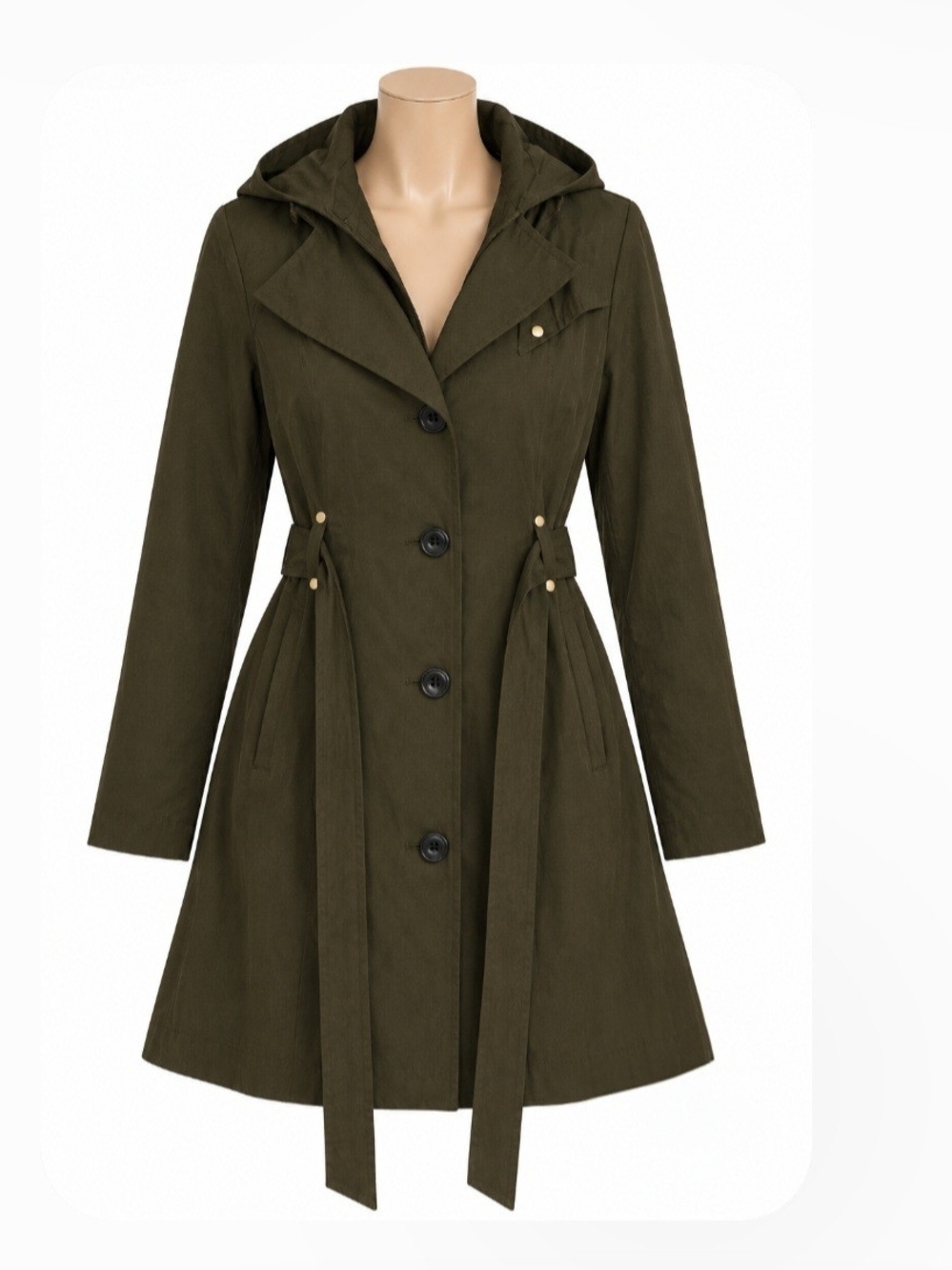 INC International Concepts Mid-Length Trench Coat S Hooded Olive Green Gorpcore